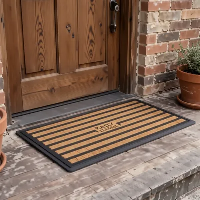 Black Striped Coir Doormat with Non-Slip Rubber Backing